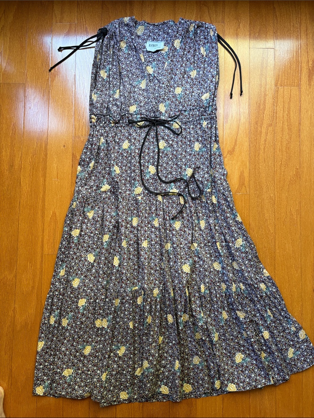 Vintage Black Floral Maxi Dress with Yellow Rose Print